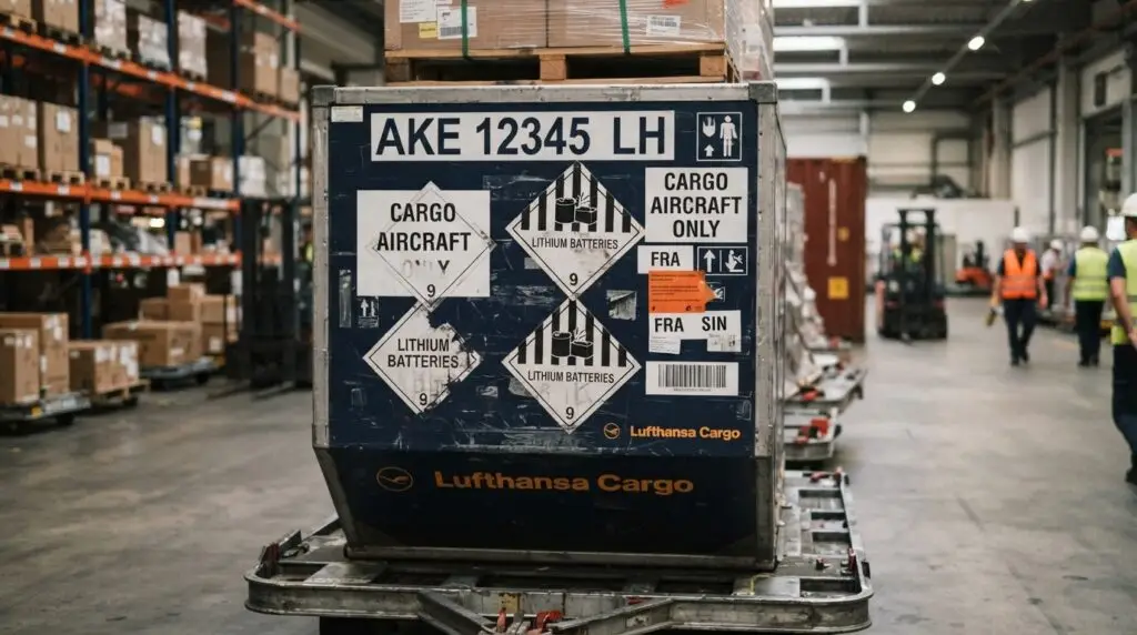 Class 9 Hazardous Goods label and UN 3480 marking on lithium battery shipping container