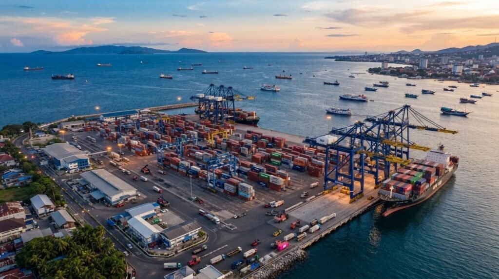 Foto ilutrasi pelabuhan kontainer modern di Selat Makassar.