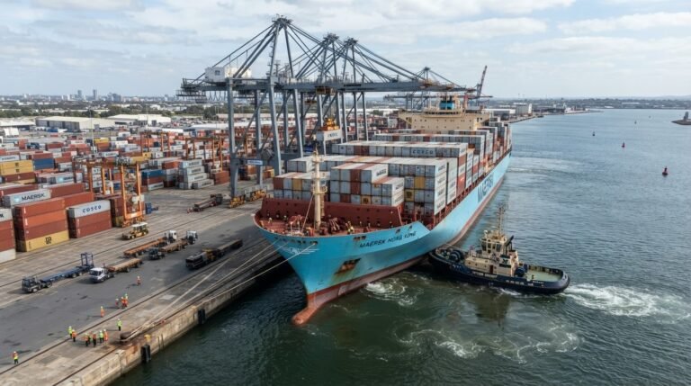 Modern container port terminal in Indonesia with automated gantry cranes handling maritime trade cargo ships.