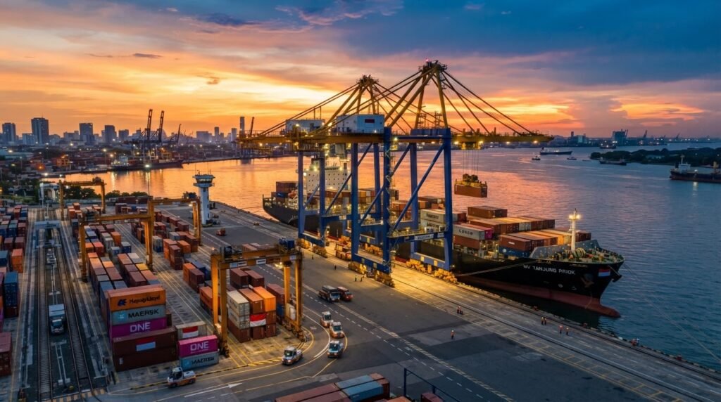 Large deep-sea container ship docked at a modern deep-water berth terminal in Indonesia.