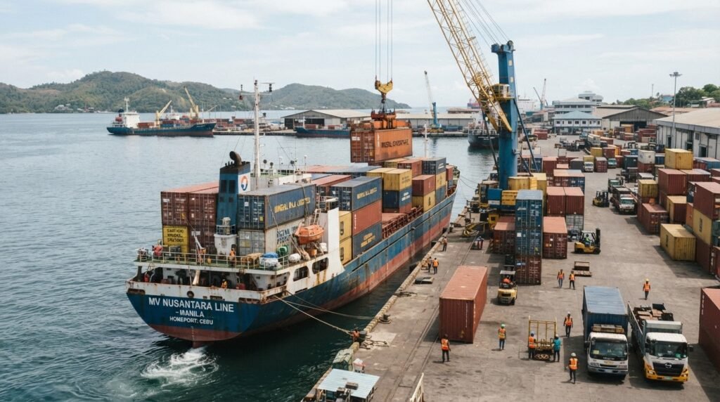 Cargo ship transporting processed critical minerals across Indonesian maritime corridors