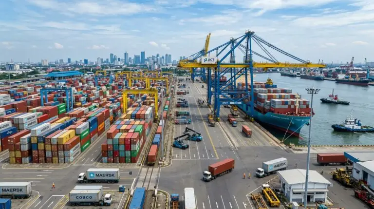 Container ship arriving at modern Indonesian port with trade and customs inspection officials working in foreground.