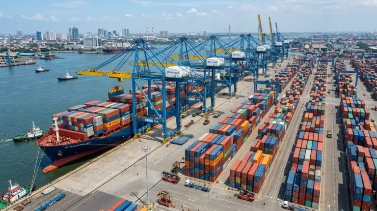 Modern container port terminal in Indonesia equipped with heavy gantry cranes loading a global cargo ship.