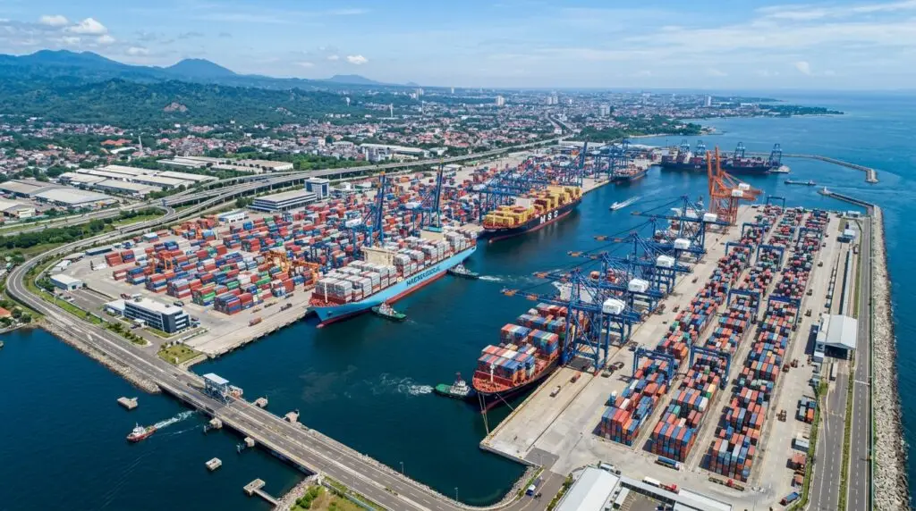 Modern deep-water berthing terminal at an Indonesian strategic port facility.