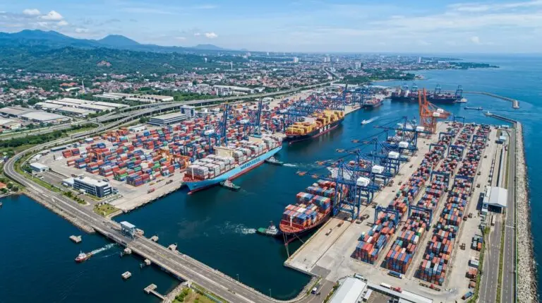 Modern deep-water berthing terminal at an Indonesian strategic port facility.