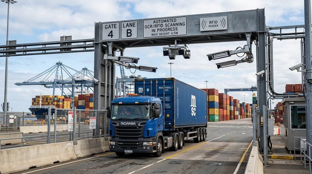 Container truck passing through an automated digital gate system at an Indonesian marine port.
