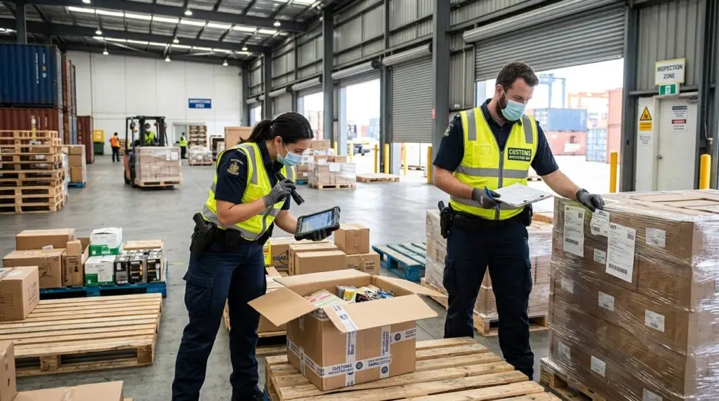 Customs officers auditing cargo and checking technical specification labels inside a shipping container.