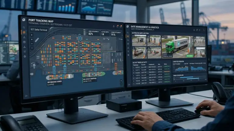 Digital logistics dashboard interface showing container tracking and port operations under the National Logistics Ecosystem.