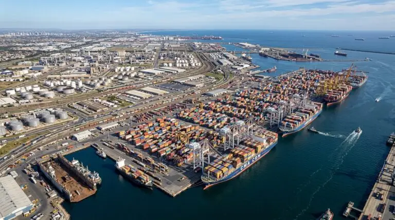 Panoramic aerial view of a modern deep-sea container port terminal situated inside an Indonesian Special Economic Zone.