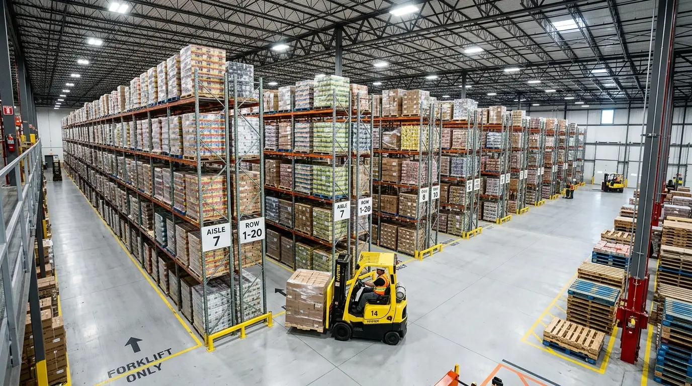 Exterior of a large modern bonded warehouse facility with container trucks parked at loading bays in Indonesia.