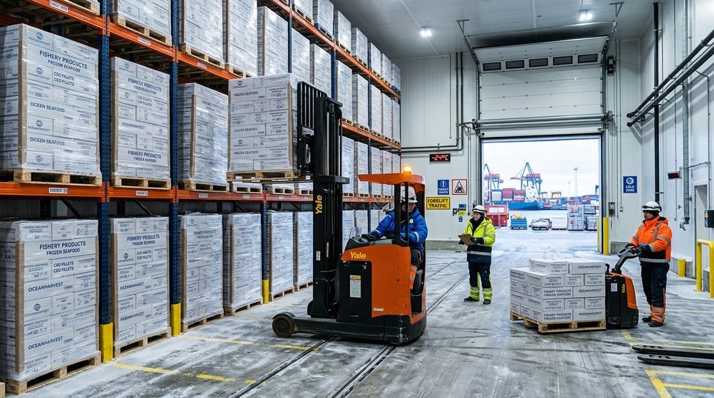 Temperature-controlled seafood cold storage warehouse inside an Indonesian maritime port terminal.