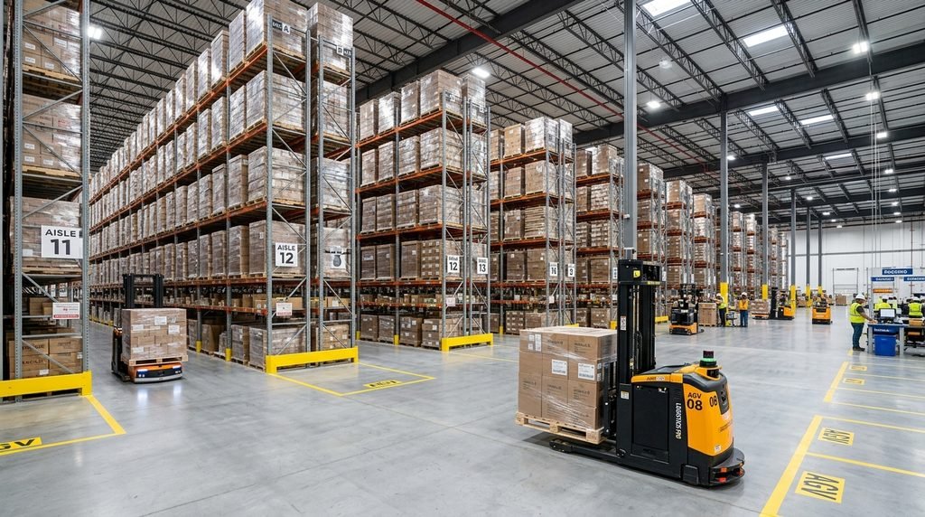 Modern high-bay warehouse interior representing a Bonded Logistics Center (PLB) in Indonesia.