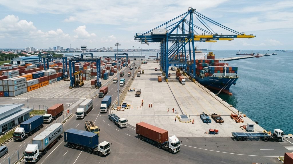 Aerial view of a modern deep-sea container port in Indonesia hosting large ocean vessels.