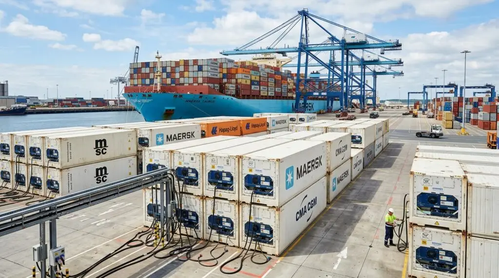 Reefer container yard at an Indonesian port terminal storing frozen seafood for international export.